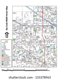 Vector map with summits, rivers, railroads, streets, lakes, parks, airports, stadiums, correctional facilities, military installations and federal lands by zip code 90620 with labels and clean layers.