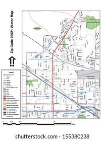 Vector map with summits, rivers, railroads, streets, lakes, parks, airports, stadiums, correctional facilities, military installations and federal lands by zip code 90621 with labels and clean layers.