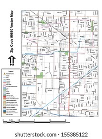 Vector map with summits, rivers, railroads, streets, lakes, parks, airports, stadiums, correctional facilities, military installations and federal lands by zip code 90680 with labels and clean layers.