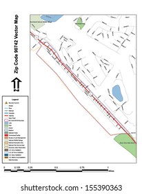 Vector map with summits, rivers, railroads, streets, lakes, parks, airports, stadiums, correctional facilities, military installations and federal lands by zip code 90742 with labels and clean layers.