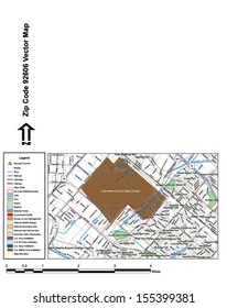 Vector map with summits, rivers, railroads, streets, lakes, parks, airports, stadiums, correctional facilities, military installations and federal lands by zip code 92606 with labels and clean layers.