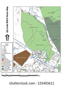 Vector map with summits, rivers, railroads, streets, lakes, parks, airports, stadiums, correctional facilities, military installations and federal lands by zip code 92610 with labels and clean layers.
