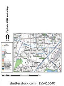 Vector map with summits, rivers, railroads, streets, lakes, parks, airports, stadiums, correctional facilities, military installations and federal lands by zip code 92626 with labels and clean layers.