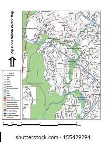 Vector map with summits, rivers, railroads, streets, lakes, parks, airports, stadiums, correctional facilities, military installations and federal lands by zip code 92656 with labels and clean layers.