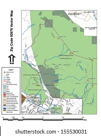 Vector map with summits, rivers, railroads, streets, lakes, parks, airports, stadiums, correctional facilities, military installations and federal lands by zip code 92676 with labels and clean layers.