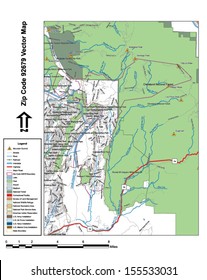 Vector map with summits, rivers, railroads, streets, lakes, parks, airports, stadiums, correctional facilities, military installations and federal lands by zip code 92679 with labels and clean layers.