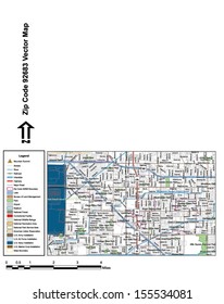 Vector map with summits, rivers, railroads, streets, lakes, parks, airports, stadiums, correctional facilities, military installations and federal lands by zip code 92683 with labels and clean layers.