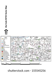 Vector map with summits, rivers, railroads, streets, lakes, parks, airports, stadiums, correctional facilities, military installations and federal lands by zip code 92703 with labels and clean layers.