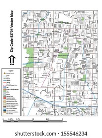 Vector map with summits, rivers, railroads, streets, lakes, parks, airports, stadiums, correctional facilities, military installations and federal lands by zip code 92704 with labels and clean layers.