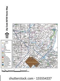 Vector map with summits, rivers, railroads, streets, lakes, parks, airports, stadiums, correctional facilities, military installations and federal lands by zip code 92705 with labels and clean layers.