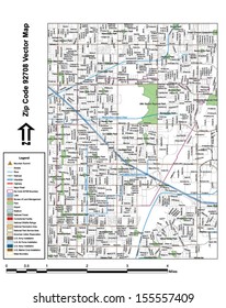 Vector map with summits, rivers, railroads, streets, lakes, parks, airports, stadiums, correctional facilities, military installations and federal lands by zip code 92708 with labels and clean layers.