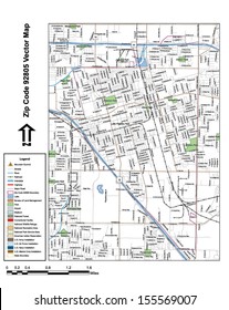 Vector map with summits, rivers, railroads, streets, lakes, parks, airports, stadiums, correctional facilities, military installations and federal lands by zip code 92805 with labels and clean layers.