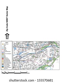 Vector map with summits, rivers, railroads, streets, lakes, parks, airports, stadiums, correctional facilities, military installations and federal lands by zip code 92807 with labels and clean layers.