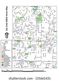 Vector map with summits, rivers, railroads, streets, lakes, parks, airports, stadiums, correctional facilities, military installations and federal lands by zip code 92832 with labels and clean layers.