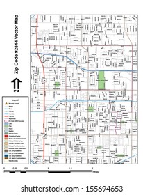 Vector Map With Summits, Rivers, Railroads, Streets, Lakes, Parks, Airports, Stadiums, Correctional Facilities, Military Installations And Federal Lands By Zip Code 92844 With Labels And Clean Layers.