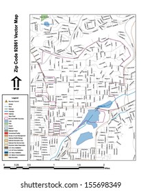 Vector map with summits, rivers, railroads, streets, lakes, parks, airports, stadiums, correctional facilities, military installations and federal lands by zip code 92861 with labels and clean layers.