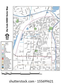 Vector map with summits, rivers, railroads, streets, lakes, parks, airports, stadiums, correctional facilities, military installations and federal lands by zip code 92865 with labels and clean layers.