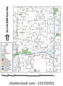 Vector map with summits, rivers, railroads, streets, lakes, parks, airports, stadiums, correctional facilities, military installations and federal lands by zip code 92866 with labels and clean layers.