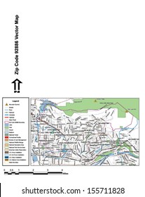 Vector map with summits, rivers, railroads, streets, lakes, parks, airports, stadiums, correctional facilities, military installations and federal lands by zip code 92886 with labels and clean layers.