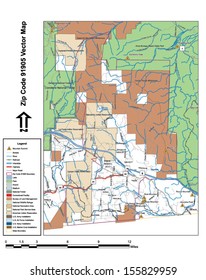 Vector map with summits, rivers, railroads, streets, lakes, parks, airports, stadiums, correctional facilities, military installations and federal lands by zip code 91905 with labels and clean layers.