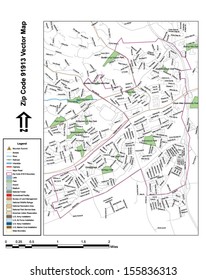 Vector map with summits, rivers, railroads, streets, lakes, parks, airports, stadiums, correctional facilities, military installations and federal lands by zip code 91913 with labels and clean layers.