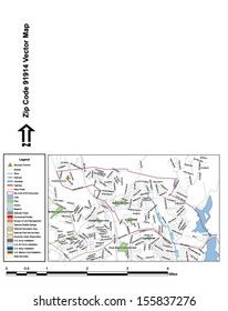 Vector map with summits, rivers, railroads, streets, lakes, parks, airports, stadiums, correctional facilities, military installations and federal lands by zip code 91914 with labels and clean layers.