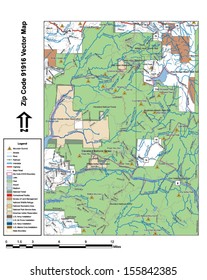 Vector map with summits, rivers, railroads, streets, lakes, parks, airports, stadiums, correctional facilities, military installations and federal lands by zip code 91916 with labels and clean layers.