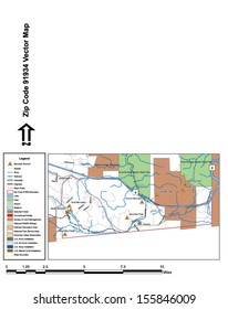 Vector map with summits, rivers, railroads, streets, lakes, parks, airports, stadiums, correctional facilities, military installations and federal lands by zip code 91934 with labels and clean layers.