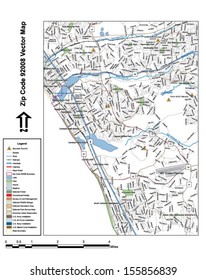 Vector map with summits, rivers, railroads, streets, lakes, parks, airports, stadiums, correctional facilities, military installations and federal lands by zip code 92008 with labels and clean layers.