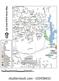 Vector map with summits, rivers, railroads, streets, lakes, parks, airports, stadiums, correctional facilities, military installations and federal lands by zip code 91915 with labels and clean layers.