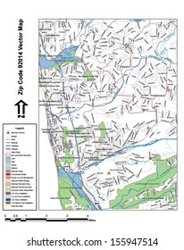 Vector map with summits, rivers, railroads, streets, lakes, parks, airports, stadiums, correctional facilities, military installations and federal lands by zip code 92014 with labels and clean layers.