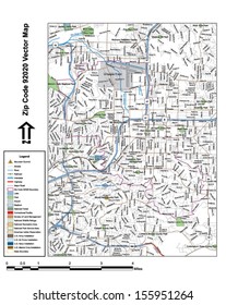 Vector map with summits, rivers, railroads, streets, lakes, parks, airports, stadiums, correctional facilities, military installations and federal lands by zip code 92020 with labels and clean layers.