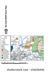 Vector map with summits, rivers, railroads, streets, lakes, parks, airports, stadiums, correctional facilities, military installations and federal lands by zip code 92040 with labels and clean layers.