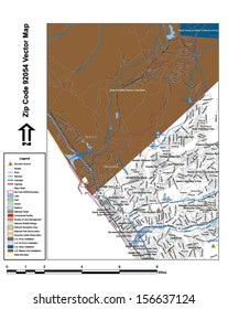 Vector map with summits, rivers, railroads, streets, lakes, parks, airports, stadiums, correctional facilities, military installations and federal lands by zip code 92054 with labels and clean layers.