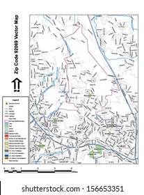 Vector map with summits, rivers, railroads, streets, lakes, parks, airports, stadiums, correctional facilities, military installations and federal lands by zip code 92069 with labels and clean layers.