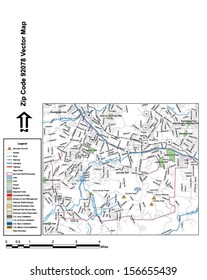 Vector map with summits, rivers, railroads, streets, lakes, parks, airports, stadiums, correctional facilities, military installations and federal lands by zip code 92078 with labels and clean layers.