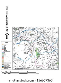 Vector map with summits, rivers, railroads, streets, lakes, parks, airports, stadiums, correctional facilities, military installations and federal lands by zip code 92081 with labels and clean layers.