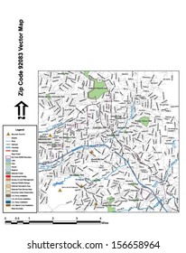 Vector map with summits, rivers, railroads, streets, lakes, parks, airports, stadiums, correctional facilities, military installations and federal lands by zip code 92083 with labels and clean layers.