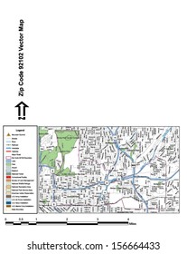 Vector map with summits, rivers, railroads, streets, lakes, parks, airports, stadiums, correctional facilities, military installations and federal lands by zip code 92102 with labels and clean layers.