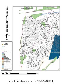 Vector map with summits, rivers, railroads, streets, lakes, parks, airports, stadiums, correctional facilities, military installations and federal lands by zip code 92107 with labels and clean layers.
