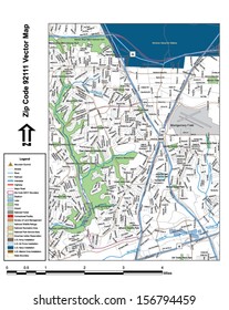 Vector map with summits, rivers, railroads, streets, lakes, parks, airports, stadiums, correctional facilities, military installations and federal lands by zip code 92111 with labels and clean layers.