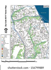 Vector map with summits, rivers, railroads, streets, lakes, parks, airports, stadiums, correctional facilities, military installations and federal lands by zip code 92117 with labels and clean layers.