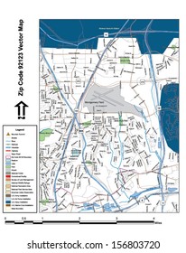 Vector map with summits, rivers, railroads, streets, lakes, parks, airports, stadiums, correctional facilities, military installations and federal lands by zip code 92123 with labels and clean layers.