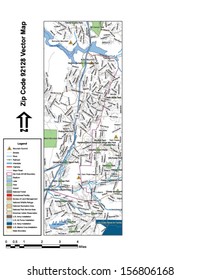 Vector map with summits, rivers, railroads, streets, lakes, parks, airports, stadiums, correctional facilities, military installations and federal lands by zip code 92128 with labels and clean layers.