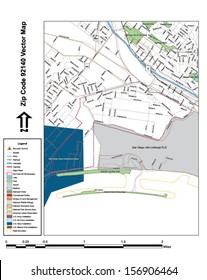 Vector map with summits, rivers, railroads, streets, lakes, parks, airports, stadiums, correctional facilities, military installations and federal lands by zip code 92140 with labels and clean layers.