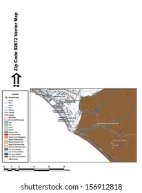 Vector map with summits, rivers, railroads, streets, lakes, parks, airports, stadiums, correctional facilities, military installations and federal lands by zip code 92672 with labels and clean layers.