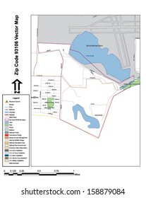 Vector map with summits, rivers, railroads, streets, lakes, parks, airports, stadiums, correctional facilities, military installations and federal lands by zip code 93106 with labels and clean layers.