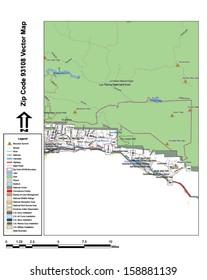 Vector map with summits, rivers, railroads, streets, lakes, parks, airports, stadiums, correctional facilities, military installations and federal lands by zip code 93108 with labels and clean layers.