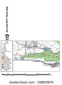 Vector map with summits, rivers, railroads, streets, lakes, parks, airports, stadiums, correctional facilities, military installations and federal lands by zip code 93117 with labels and clean layers.