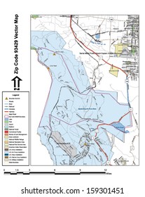Vector map with summits, rivers, railroads, streets, lakes, parks, airports, stadiums, correctional facilities, military installations and federal lands by zip code 93429 with labels and clean layers.
